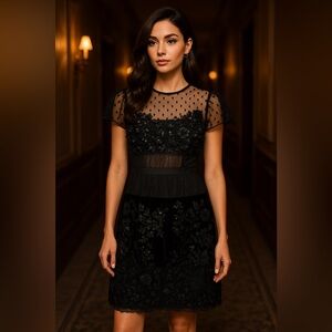 Amen Couture Black Leather Appliqué Sheer Mini Dress Sample Size 40 US 4